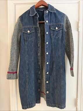 Baccini Denim Dress W/ Contrasting Ribbed Knit Red & Gray Stripe Sleeves.